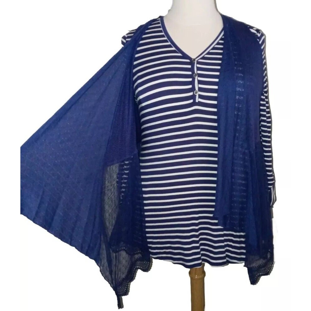 NWT TRUE SELF Womens XL 2Fer Stripes Lace Overlay Nautical Long Sleeve Top Navy
